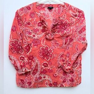 Talbots Pink and Red 3/4 Sleeve Tie Front Blouse